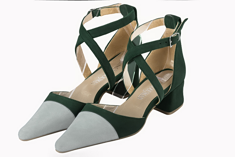 Aquamarine blue and forest green women's open side shoes, with crossed straps. Pointed toe. Low flare heels. Front view - Florence KOOIJMAN